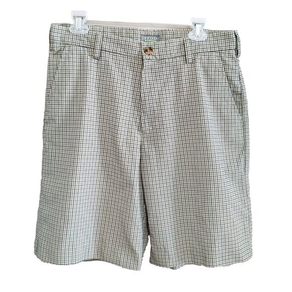 IZOD Shorts Men's Golf Flat Front Lightweight Pocketed Size 32 Beige Black Plaid - Picture 1 of 3